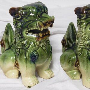 VINTAGE PAIR CHINESE POLYCHROME FOO DOGS CERAMIC GLAZE GUARDIANS 🐲